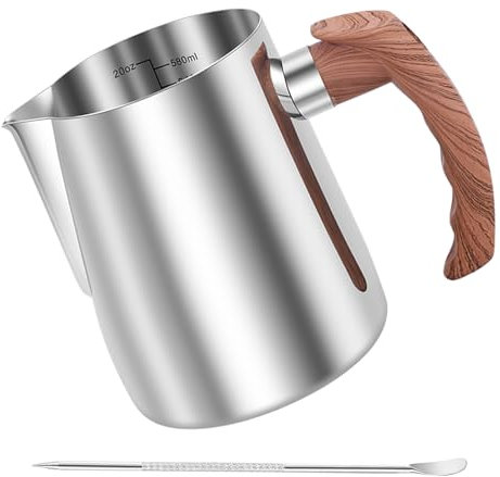 600ml Milchkännchen Edelstahl,Kännchen Tasse mit Messung Mark und Latte Art Pen,Handheld Aufschäumkännchen Ergonomischer Griff,Barista Zubehör,Perfekt für Cafés,Restaurants,Bars(silbrig)