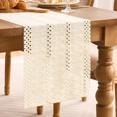 Boho Tischläufer Beige Modern Makramee Dekor Boho Deko Table Runner Landhausstil Tischläufer Polyester Baumwolle Bauernhaus Tischdecke für Anrichte, Geburtstag, Küchentisch Dekoration 30 x 140 cm