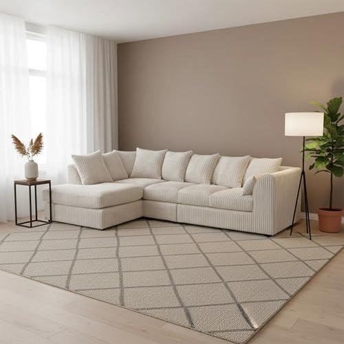 ark future Jumbo Cord Corner Sofa Left Hand Cream – Modern Sectional Couch Removable Cushions, Wooden Frame, Living Room Sofa (Cream, 6 Seater left Hand Sofa)