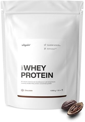 Vilgain Whey Proteinpulver Molkenkonzentrat|1kg Eiweißpulver Schokolade | 75% Eiweißgehalt, BCAAs, vegetarisch, glutenfrei, Stevia-Süße, ohne Sucralose, 5% Bio-Kakao, CFM-Filtration, zuckerarm