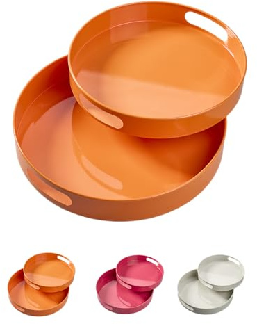2er Set Design-Tabletts aus Metall - Rundes Serviertablett-Set mit Griffen - Hochglanz-Optik für Deko, Küche & Wohnzimmer (Orange, ⌀ 29,5/34,5 cm Höhe: 4/5,5 cm)