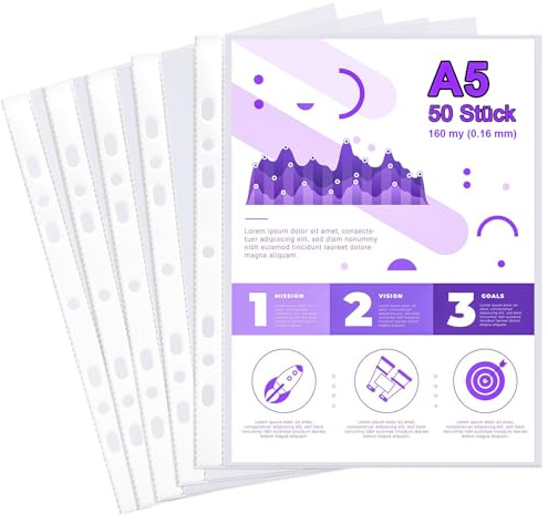 50 Stück Klarsichthüllen A5, 160 my (0.16 mm) Din A5 Klarsichthüllen | Klarsichthüllen A5 Glasklar, Prospekthüllen, A5 Folie für Papier, Archiven, Dokumenten ＆ Fotografien (Innenmaße: 155 x 213mm）