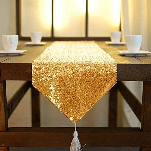 ShinyBeauty Tischläufer mit Quaste schimmerndes 30 x 180 cm mit Glitzer und runden Pailletten, Tischläufer für Party / Hochzeit / Bankett Tischdecke dekorativ (Gold, 30x180cm)