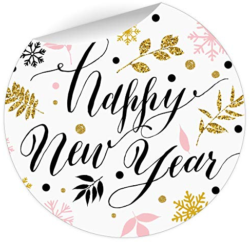 5 x 24 edle Silvester Aufkleber mit Handschrift Blätter Motiv: Happy New Year, Glitter Optik, MATTE Papieraufkleber runde Sticker selbstklebende Etiketten ø 45mm; 1 Motiv)