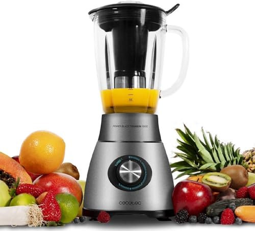 Cecotec Batidora de Vaso Power Black Titanium 1800. 1800W, Cuchilla de 6 Hojas de Titanio Negro, Función Turbo, Filtro para Licuados, Jarra Termorresistente de 2,1L