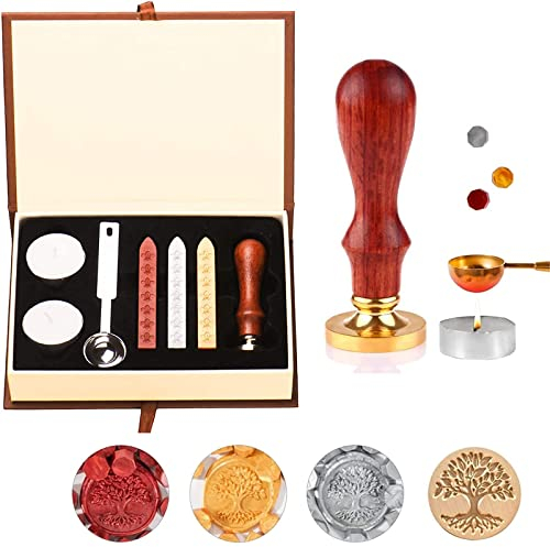 POKIENE Wax Wachs Siegel Set, SiegelStempel Set | Wachs Stempel + Siegelwachs + Löffel + Kerze | Vintage Geschenk Box Set für Unternehmen Einladungen Antike Postkarten Lesezeichen