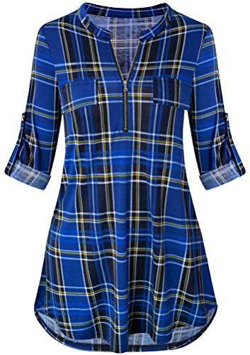 Odosalii Womens Zip Up Plaid Tunic Blouse Rolled Up Sleeve Polo Top Check Shirts (L-Dark Blue, Medium)