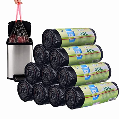ASelected 200 PCS Sacs Poubelle 30L avec Poignée Coulissants, Anti-Fuite Ultra Résistant Lot de 10 rouleaux Sac Poubelle Rectangulaire 30 litres Taille Large 62 x 54 cm Noir