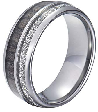 Gualiy 8MM Wolfram Herren Damenringe Personalisiert Silber Meteorit and Holz eingelegt Ehering Herren Silber Bandring Fingerring für Valentinstag Weihnachten Geburtstag Größe 60 (19.1)