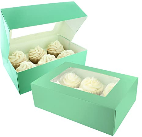 Baked with Love 6/12 Cupcake Box, Twin Pack, Jade Cupcake Boxes to Carry Tasty Treats, Includes Dual Insert for 6 Standard Cupcakes or 12 Mini Cupcakes, Pack of 2 Green Boxes
