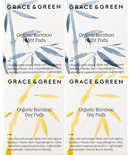 Grace & Green - Nightime & Daytime Bamboo Pads - Heavy and Regular Flow - 36x Sustainable Pads - with Wings - Dual Pack- Biodegradable Packaging - Eco-Friendly - B Corp Certified