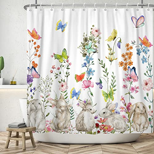 Bovlleetd 180x200cm Lapins Rideau De Douche Couleur Élégant Fleurs Salle De Bains Rideau Bleu Vert Rose Jaune Papillon Rideaux De Douche Imperméable Rideau De Baignoire