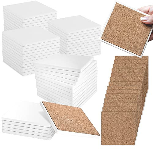 50 Pack Ceramic Tiles for Crafts Coasters, Ceramic White Tiles Unglazed 4x4 with Cork Backing Pads, Use with Alcohol Ink or Acrylic Pouring, DIY Make Your Own Coasters, Mosaics, Painting Projects