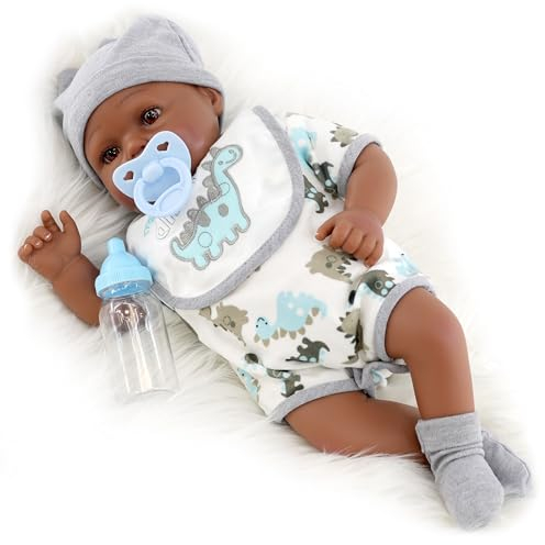 The Magic Toy Shop BiBi Doll Reborn Baby Boy Barney 42cm – Realistic Newborn Black Doll with Dummy, Feeding Bottle, Birth Certificate – Soft Vinyl Head and Limbs, Cuddly Cloth Body