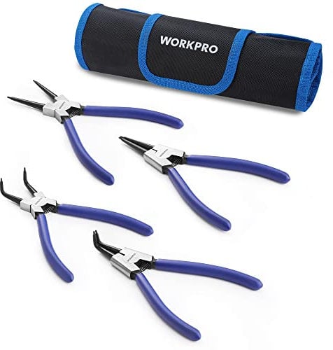 WORKPRO Sprengringzange, 4-teiliges Set, Zange für Innen- und Außenringe mit Aufbewahrungstasche, Länge 180 mm, Sicherungsringzange zum Anbringen und Entfernen von Sicherungsringen