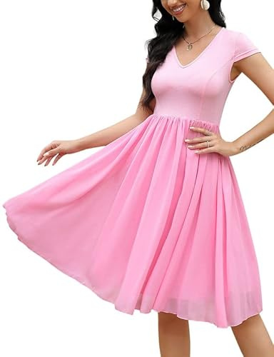 Clearlove Robe pour femme - Col en V - Manches mi-longues - En maille - Avec ourlet en mousseline de soie - Robe décontractée, Rose, XXL