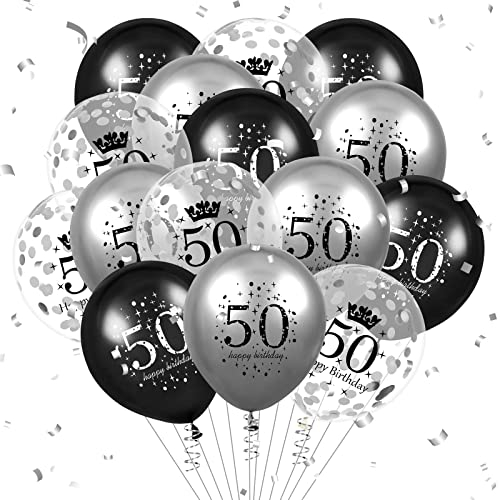 Luftballon 50. Geburtstag Deko 15 Stück Schwarz Silber Ballons - 50 Jahre Geburtstagsdeko Happy Birthday Deko Latex Konfetti Ballon für Männer Frauen 50. Jubiläum Geburtstag Party Dekoration 12Zoll