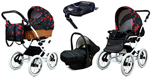 BabyLux Kinderwagen 4in1 mit Autositz für Kleinkinder – Kinderwagen für Neugeborene und Kleinkinder –– Baby Neugeborenen Kinderwagen – ISOFIX Autositzbasis – Max 15kg – Red Bow White Frame