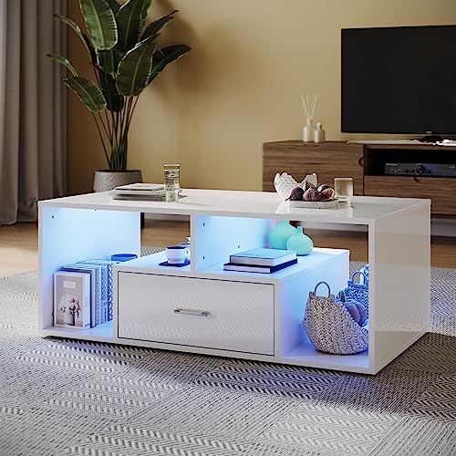 SUNXURY Couchtisch mit LED Lichter modernes Beistelltisch Fernsehschrank für Wohnzimmer 100 x 55 x 40cm Weiß
