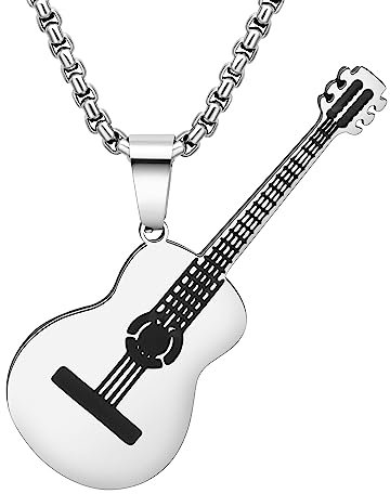 DUOWEI Collier Guitare Musicale Acier Inoxydable Plaqué Or 18K Bijoux Guitare Mode pour Femme Hommes Filles (Argent)