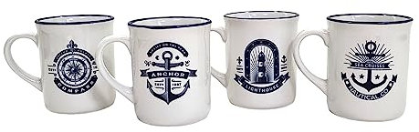BUSDUGA 4311 4er Set Kaffeetassen Anker, Leuchtturm + Kompass, Trinkbecher maritim aus Steingut blau weiß