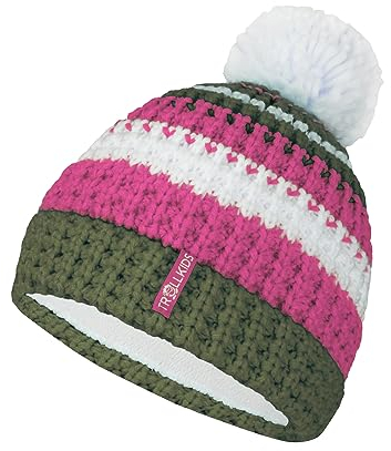 Trollkids Bommelmütze Hallingdal, Dunkle Olive/Hellmagenta, Größe 48-52