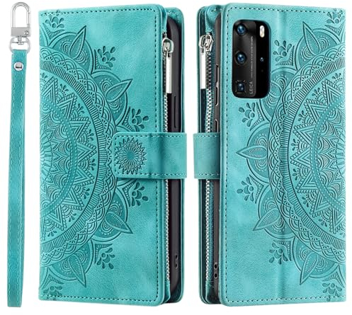 VEEMOS Handyhülle für Huawei P40 Pro hülle Klappbar Blumen Handytasche Schutzhülle Klapphülle mit Kartenfach Handy Tasche Book Cover Flip Case Ständer - Grün