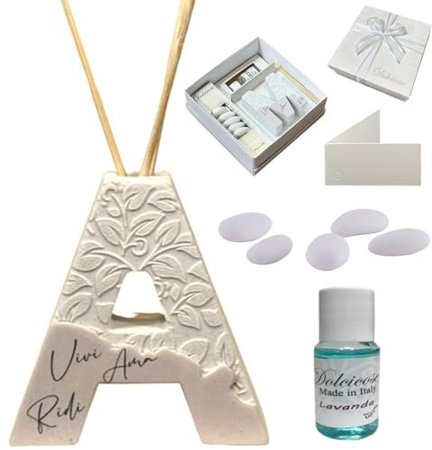 Regalami.Shop bomboniera profumatore in Marmo di Carrara Completo di Scatola, Confetti, Essenza, Nastro e bigliettino (Lettera a)
