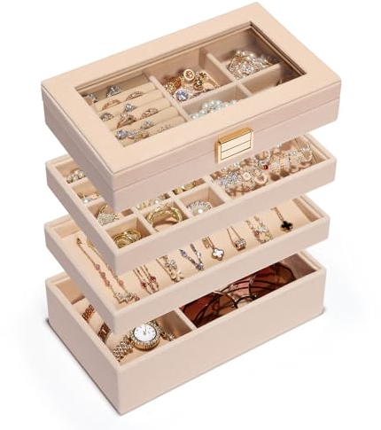 Seelux Plateau à Bijoux Empilable, Boîte à bijoux avec Couvercle en Verre, Séparateurs Amovibles pour Coiffeuse, Idéal Cadeau pour Filles et Femmes (Abricot)