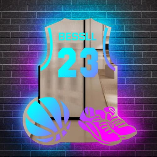 Personalisierte LED Fußball Jersey Spiegel Lampe, benutzerdefinierte Name Fußball Jersey geführte Spiegel Licht für Wand, Fußball Neon Zeichen, Geburtstagsgeschenk für Fußball lieben Sohn (Basketball)