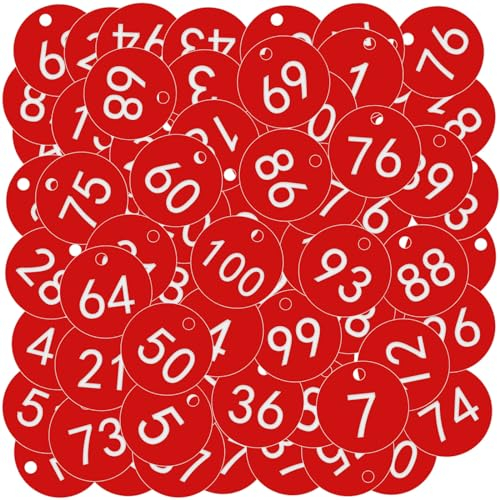 OFFCUP Gravierte Nummernschilder, 100 Stück Nummerierte Tags, Kunststoff Nummernschilder, Schlüsselanhänger Bienenstock-Etiketten mit Loch Viehbestand ID-Tags (Rot Nummer 1-100)