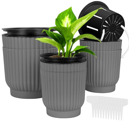 Hysagtek 6 Pack Self Watering Pots Plastic Plant Pots Indoor Outdoor Windowsill Flowers Pots with Absorbent Rope 3 Sizes Plant Pots Planter for Garden Home, Grey