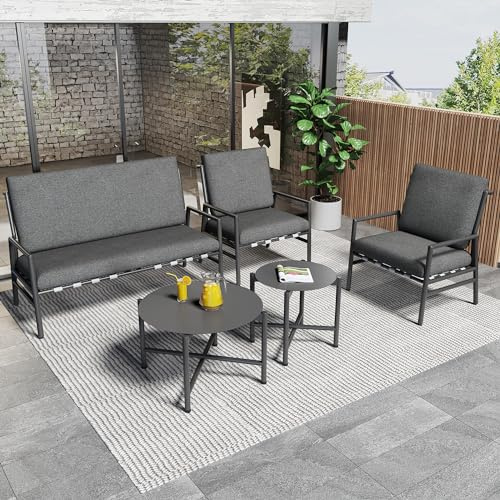 YESGIGA Vierteilige Outdoor-Sofagarnitur, Vier Sitze, Zwei runde Couchtische, grau verzinktes Stahlrohr, grau gestreifte Kissen (abnehmbar und waschbar), Kissen mit Riemen (Grau)