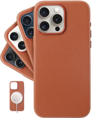 LONLI - per iPhone 15 Pro Max - Custodia europea in vera pelle Pebble con telaio in alluminio per fotocamera [compatibile con Magsafe] - Firestone