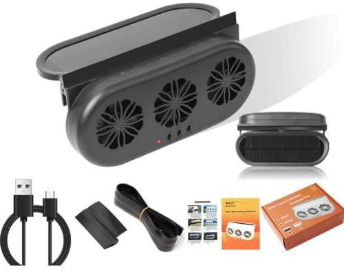 LIUZHIPENG Solar Powered Car Window Fan, USB Car Exhaust Fan, Solar Powered Car Ventilator with 3 Air Outlet, Portable Auto Cooler Fan for All Vehicle Front/Rear Window(Black)