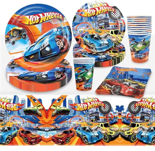 Vajilla Cumpleaños Infantil, 51 Piezas Cars Kit de Platos de Cumpleaños- 10 Platos de 7, 10 Platos de 9, 10 Tazas, 20 Servilletas, 1 Manteles, Juego de Vajilla de Fiesta de Cumpleaños