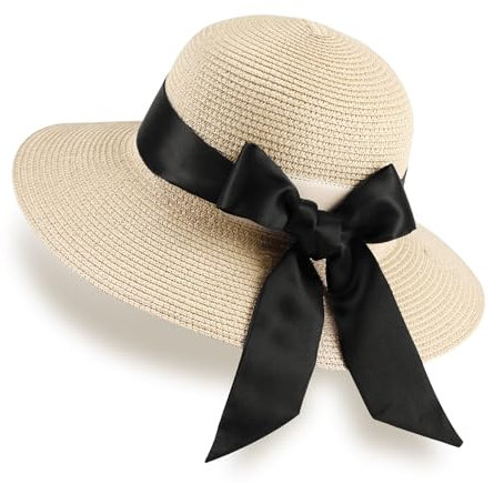 GNEGNI LIFE Sun Hats Women, Straw Beach Hats Sun Protection Summer Hat Foldable Wide Brim Hat Floppy for Women Travel Holiday (Beige&Black Ribbon)