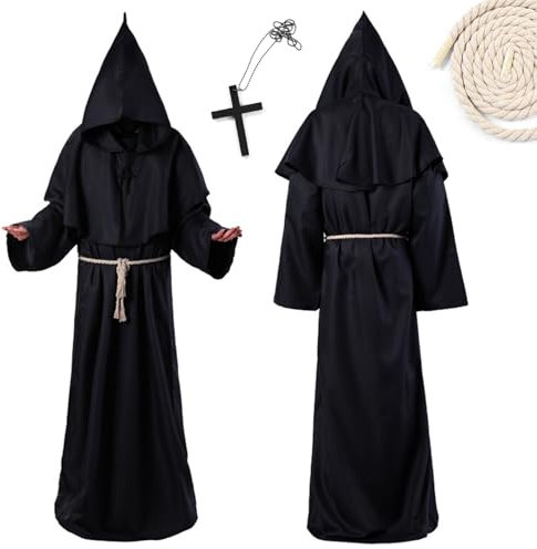 Abito da Monaco Medievale - Costume da Mago per Adulto in Nero con Mantello Cappucciato, Collana e Corda in Vita per Cosplay, Halloween, Carnevale