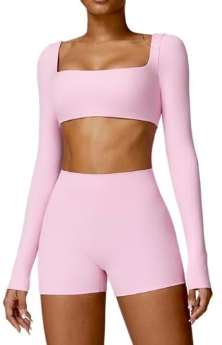ABOCIW Long Sleeve Crop Tops for Women Square Neck Workout Crop T Shirt Top Low Medium Impac Yoga Gym Tee with Bra, Pink, M