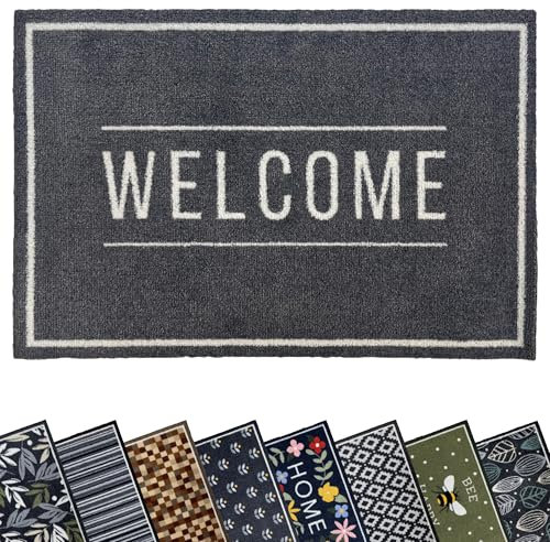 Mighty Mats Eco Flex Washable Door Mat - Highly Absorbent Anti-Slip Dirt Trapper Indoor Doormat with Anti-Curl Rubber Base - Welcome Grey, 50 x 75cm