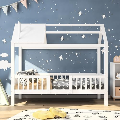 KeepGoon Hausbett 90 x 200 cm,Massivholz Kinderbett mit RausfallschutzWeiß lackiertes kleines Haus mit Einzellatten aus Kiefernholz,Vielseitiges Kinderbett aus Holz für Jungen und Mädchen