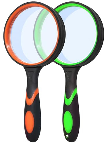 Wapodeai 10X Magnifying Glass for Seniors & Kids, 2 Pack Non-Slip Handheld Magnifier Glasses with 75mm Lens, for Reading Book, Hobbies, Scientific Observation, Green & Orange