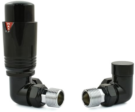 Hot Flow Full Black Estuary Corner TRV Thermostatic Radiator Valve (Pair) Includes Corner TRV Body, Wheel Head & Lock Shield for Quick & Easy Temperature Control. Perfect for Energy Saving.