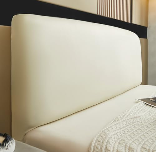 Fudaiki Bett Kopfteil Bezug PU-Leder Weicher Stretch Bed Headboard Cover, Staubdicht Waschbar Bettkopfteil Husse Wasserdicht Kopfteilbezug überzug Beige 180cm