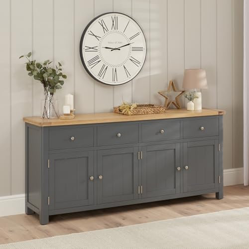 The Furniture Market Marbury Slate Grey Painted | Extra Large 4 Drawer 4 Door Sideboard | Brushed Nickel Handles | Fully Assembled | Living, Kitchen or Dining Room | H 850 x W 1950 x D 450mm
