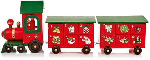 Premier Decorations 45cm Wooden Advent Calendar Train - Red/Green with Two Carriages and 12 Boxes - Gift Idea for Christmas Xmas - Advent Calendar - Christmas Countdown
