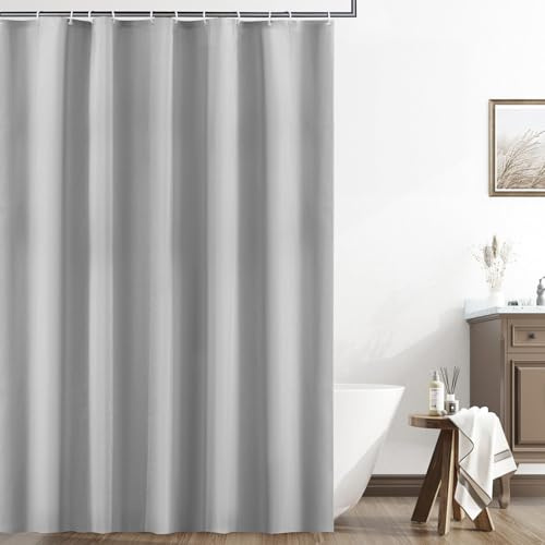 EZESO Tenda da doccia in lino spesso grigio, 230 g/m², tessuto in poliestere pesante, tenda da doccia per bagno, impermeabile, lavabile, tenda decorativa con 12 ganci in plastica, 180 x 180 cm