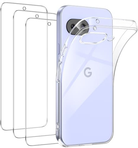 FLLAO Hülle Kompatibel mit Google Pixel 9a mit 3 Stück Schutzfolie, Durchsichtig Case Transparent Silikon TPU Schutzhülle Premium 9H Gehärtetes Glas