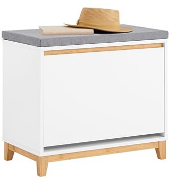 SoBuy Schuhbank mit Sitzfläche Schuhregal platzsparend Mit Klappe für versteckten Stauraum Bequemes Sitzkissen Ideal für Eingangsbereich & Garderobe MDF & Bambus, 115kg tragend, 60x55x34cm FSR191-WN