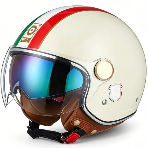 Vintage Jet Helm Doppelvisier, Motorrad-Halbhelm, 3/4 Offener Motorradhel mit Transparenter Sonnenschirm, ECE-geprüft Jet-Helm für Männer und Frauen, Motorrad-Sturzhelm
